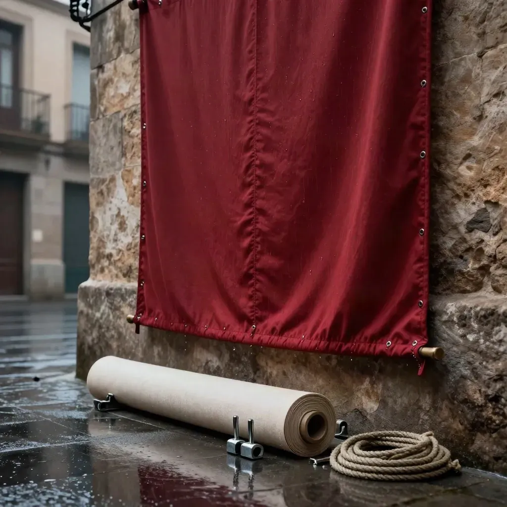 Banderola roja de lona tensada en fachada de piedra mojada, con herrajes y cuerda tras la lluvia.