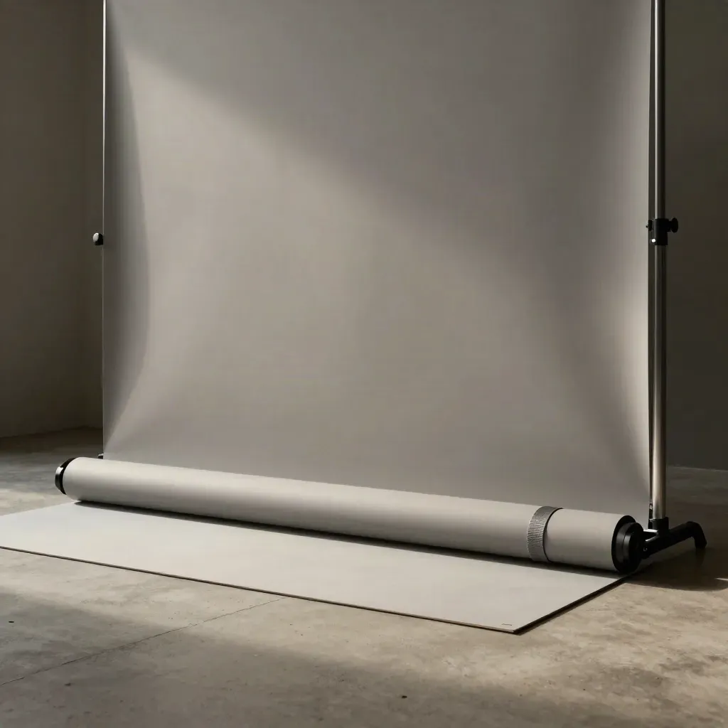 Estructura de photocall neutra con pesos, rollo de transporte y tela plegada sobre hormigón.