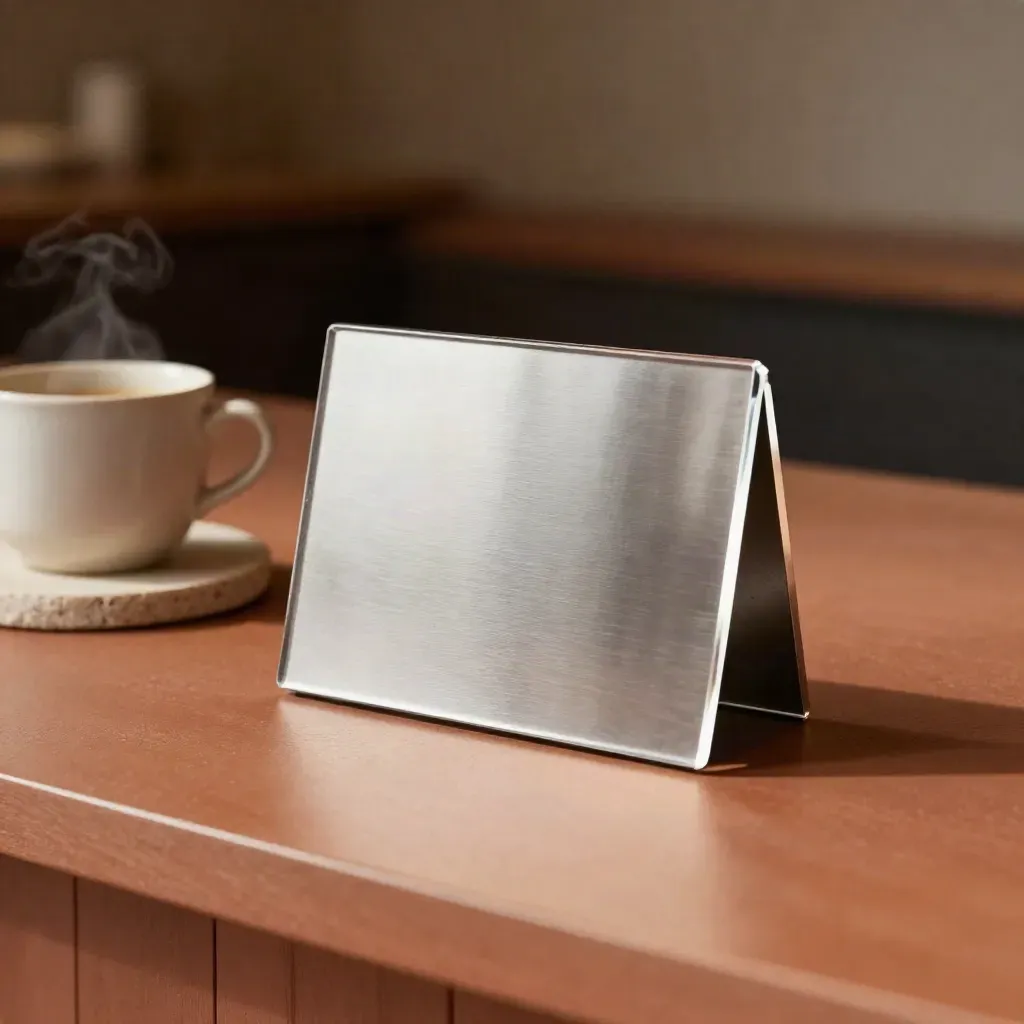 Señal de mesa moderna sobre barra cálida con taza desenfocada y posavasos neutro