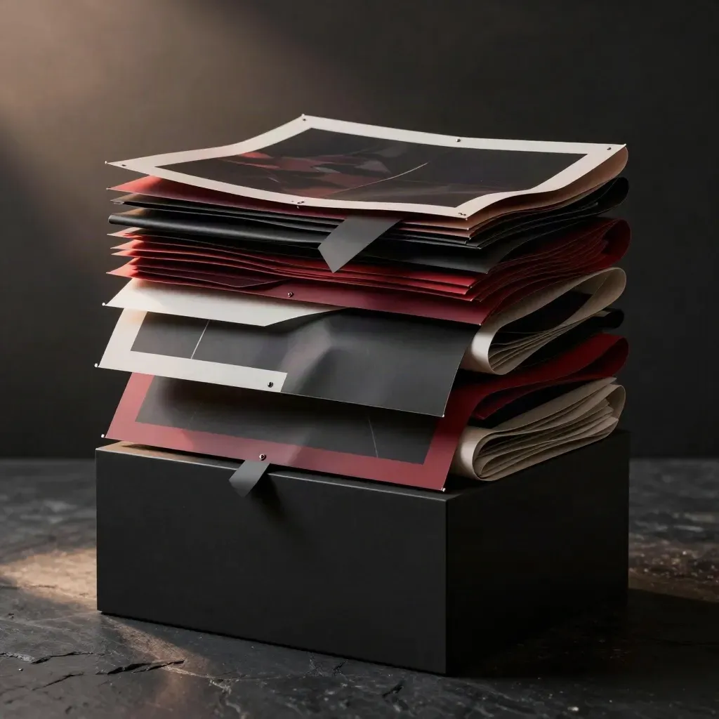Composición dramática de banderola, vinilo y rótulo rígido apilados sobre base oscura.