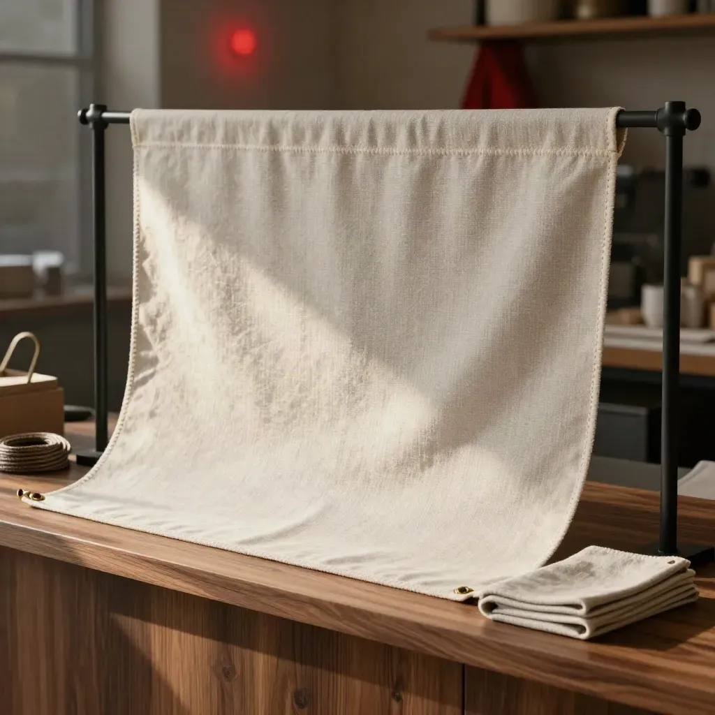 Banderola de tela tensada con cordón, ojales y pieza plegada en un taller elegante.