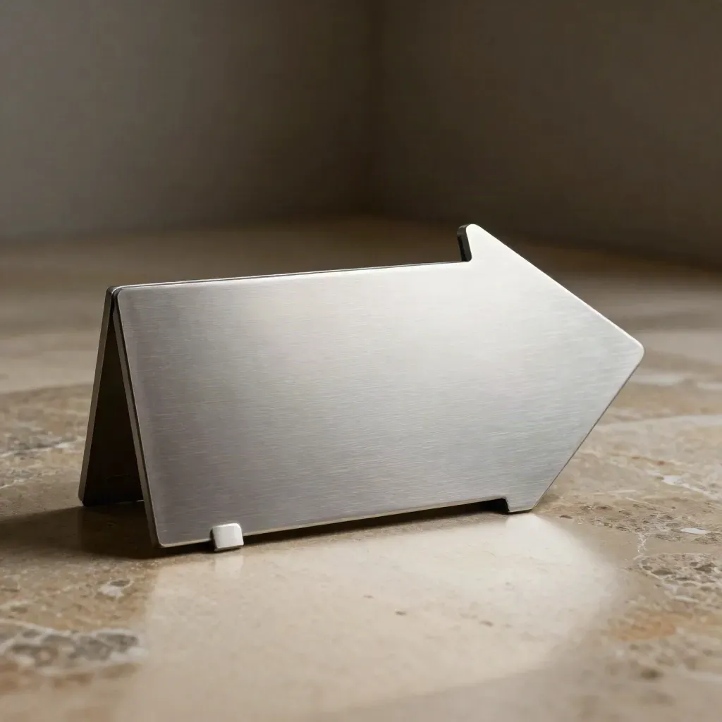 Señal direccional interior de aluminio con flecha recortada y soportes discretos.