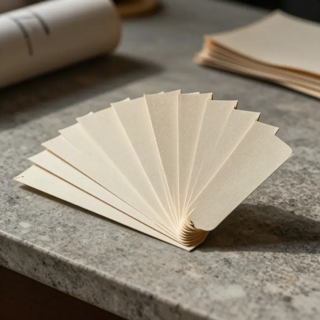 Pack de 10 banderines publicitarios parcialmente desplegados sobre un plinto gris cálido.