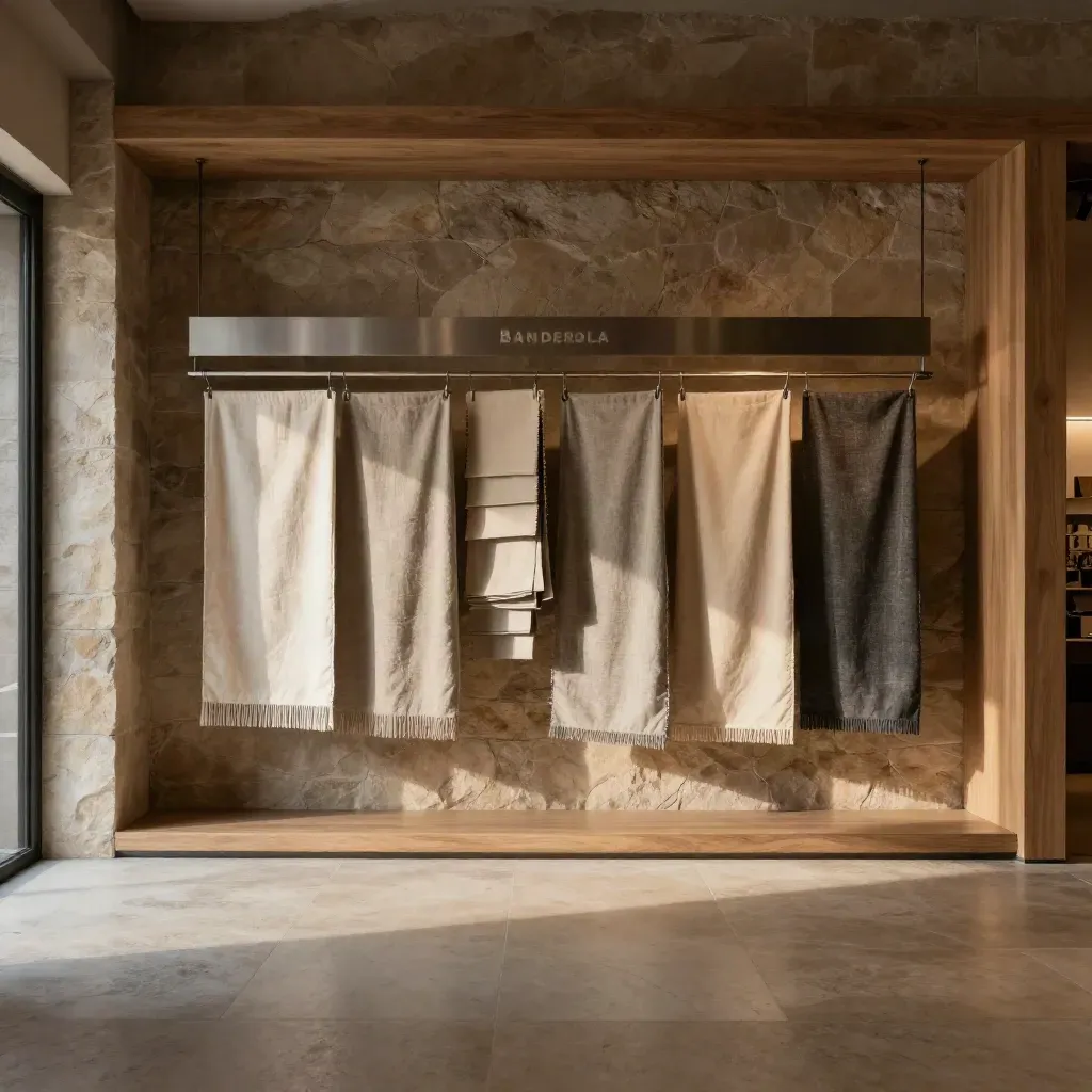 Showroom cálido con banderolas neutras colgadas y suelo despejado para texto.