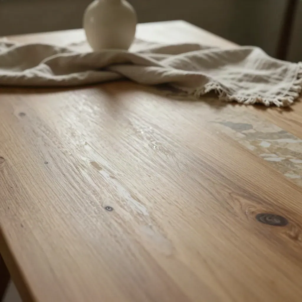 Mesa de madera aceitada junto a mármol claro, con lino y cerámica desenfocada en luz rasante.
