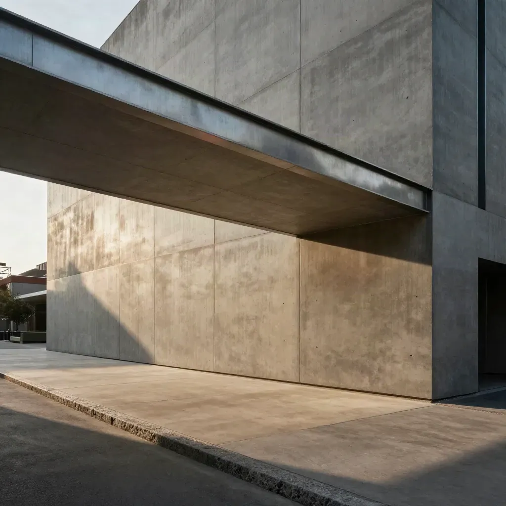 Fachada de hormigón y metal con paso elevado y luz dura del mediodía.