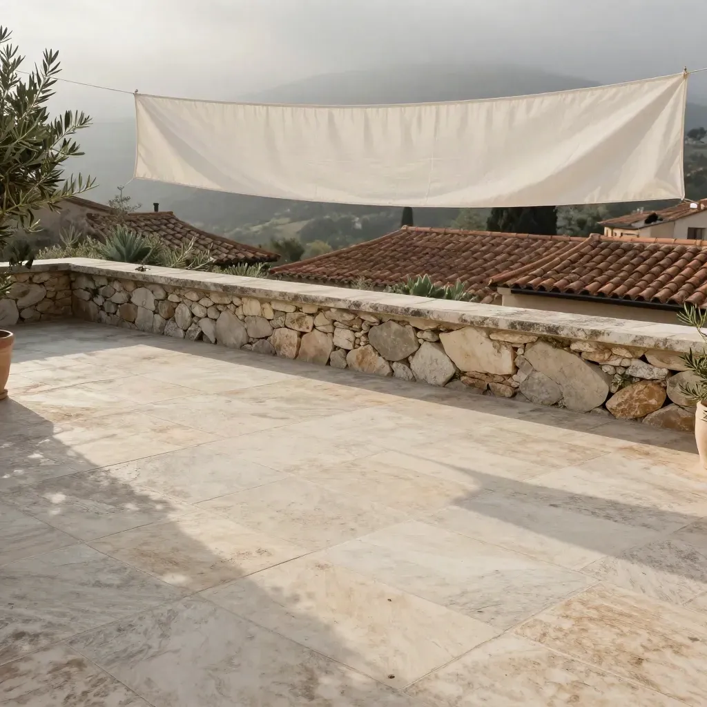 Patio mediterráneo de piedra clara con vegetación suave, tejados lejanos y una banderola blanca alta.