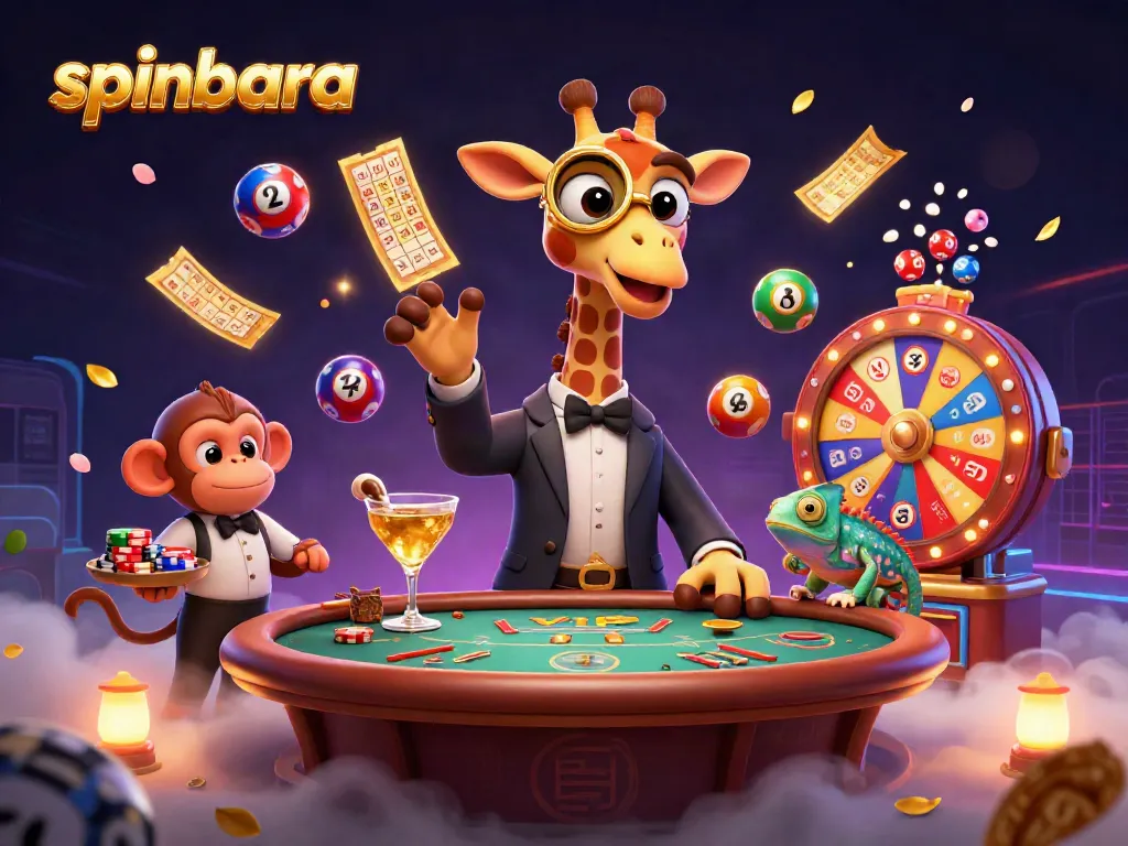 Experience the excitement of Spinbara Casino with a vibrant scene of a high-roller giraffe and friends betting energetically.