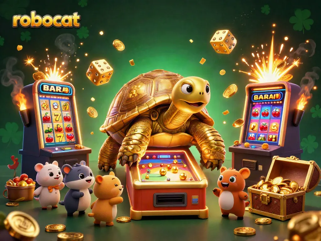 Robocat delivers excitement with a colossal tortoise pinball machine and vibrant casino elements.