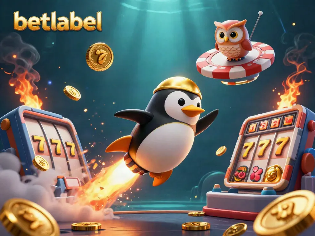 Experience thrilling gameplay at Betlabel as a golden penguin soars through a vibrant casino universe.